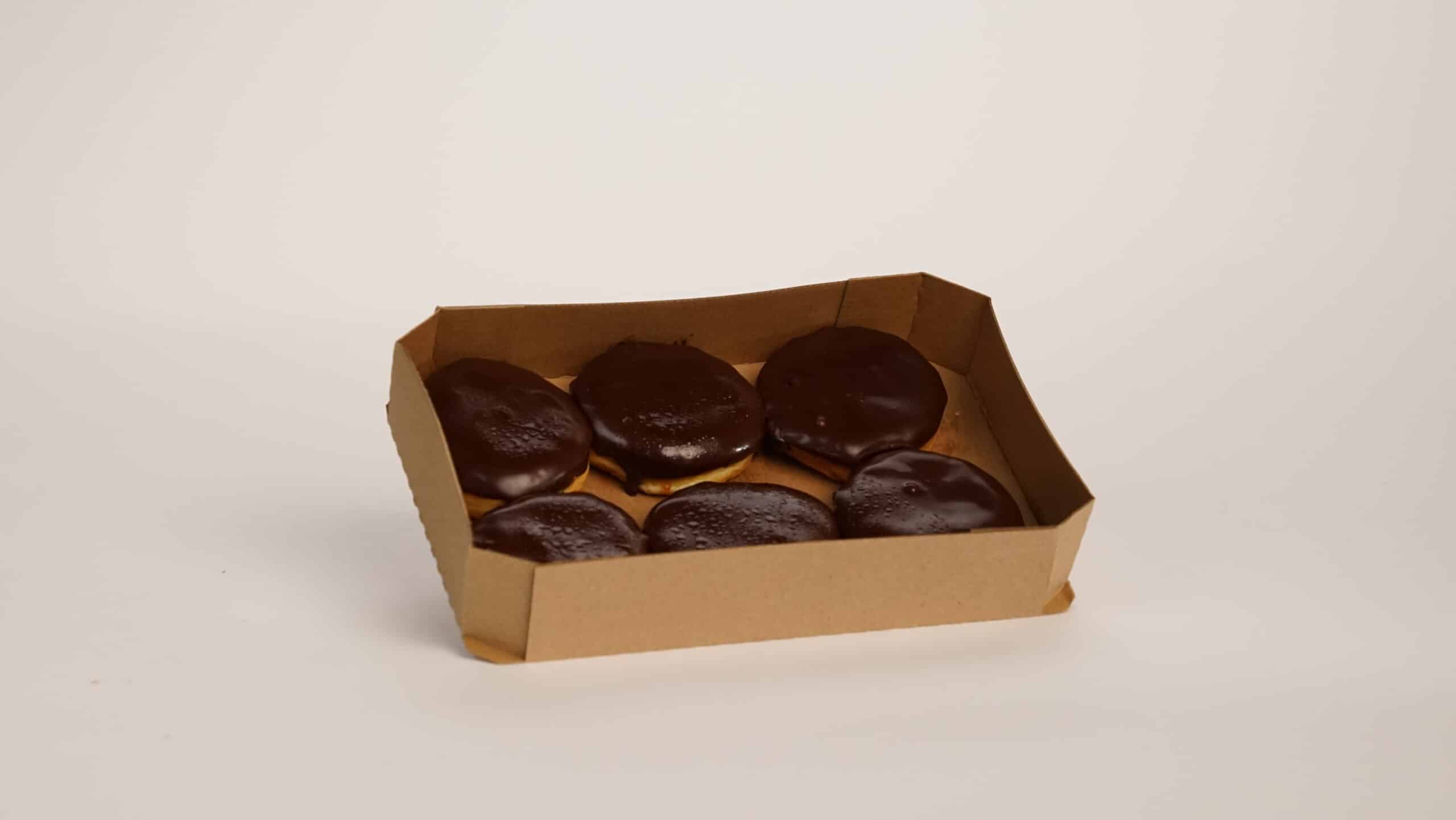 Tray of Chocolate Iced Bavarian Filled Yeast Raised Bismarck 4.0 OZ