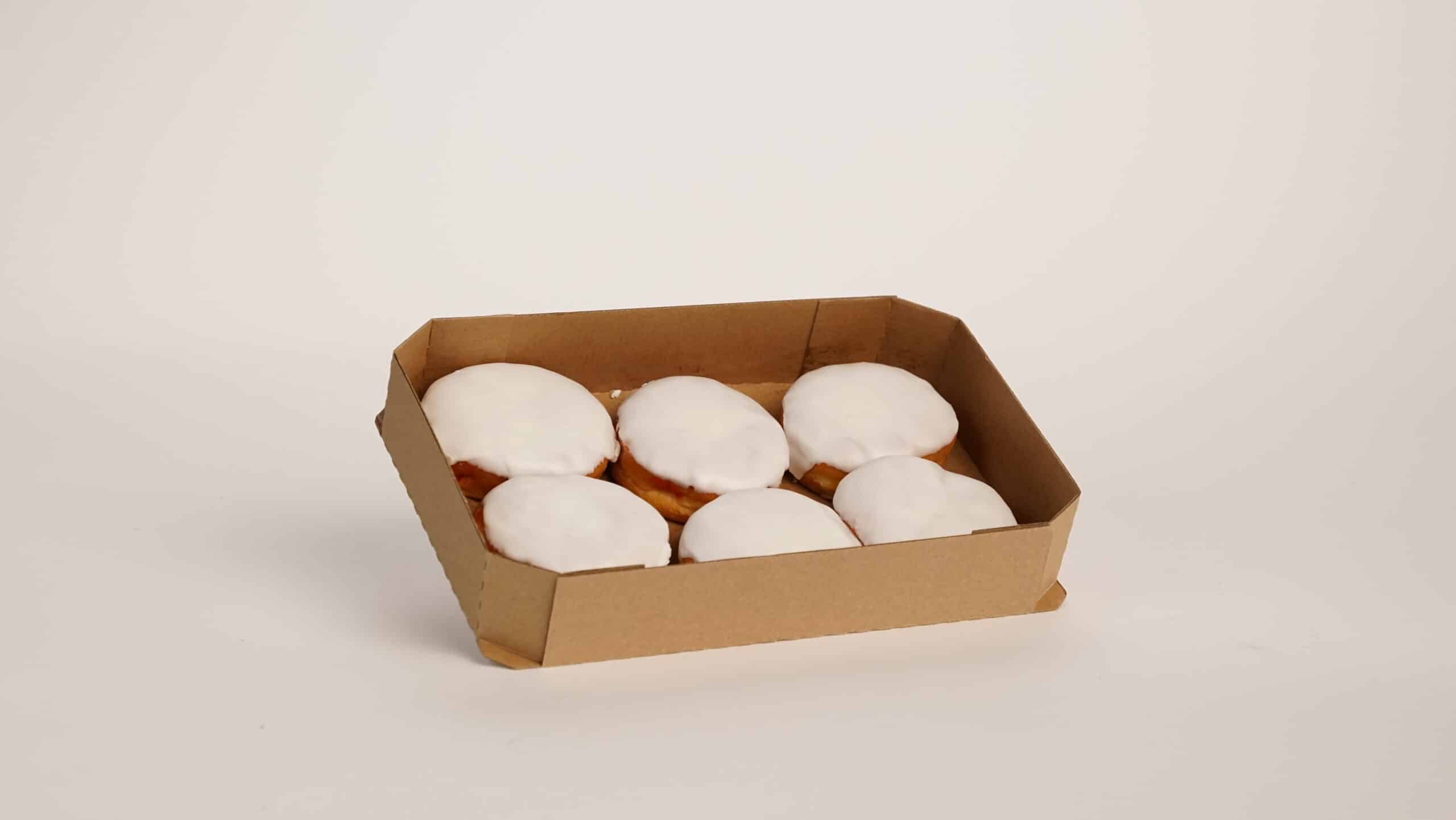 Tray of VANILLA ICED RASPBERRY FILLED BISMARCK 4.0 OZ